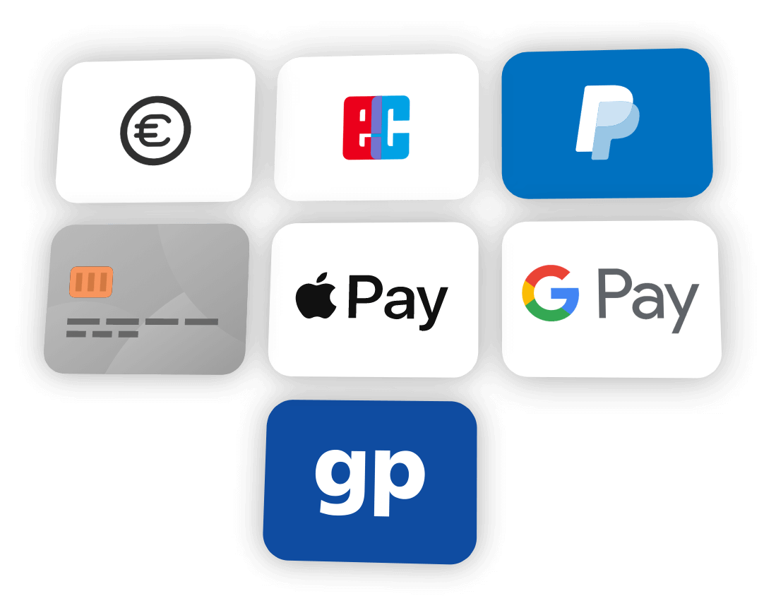 Wählens Sie Ihre Zahlungsmemthoden: PayPal, Kreditkarte, Apple Pay, GPay, Giropay.